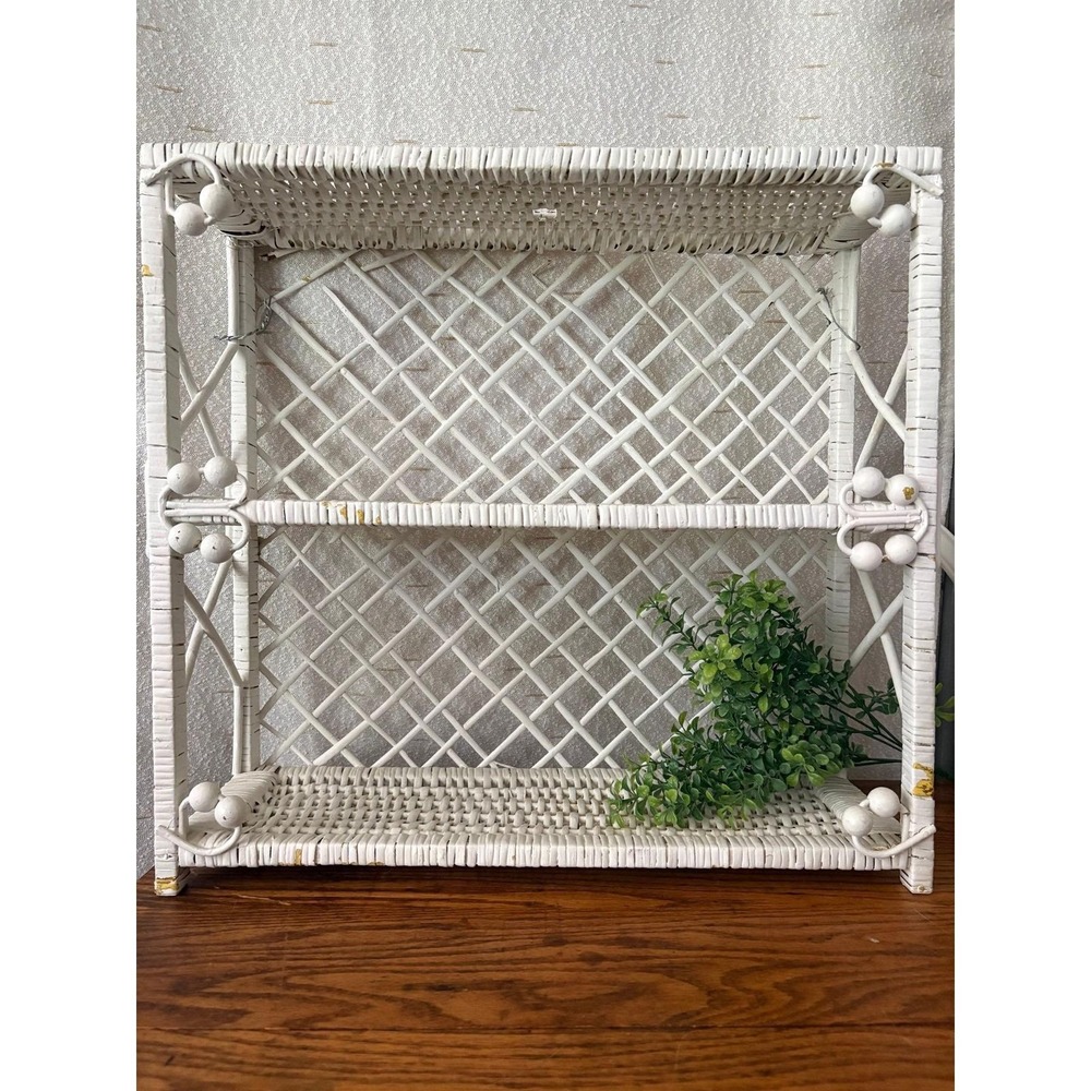Vintage White Wicker Wall Shelf Lattice Berry Detail 19" H 2 Shelves